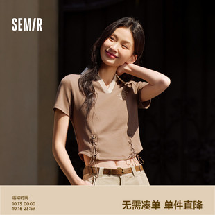 修身 森马POLO衫 复古辣妹夏季 设计感绑带美式 印花上衣小心机 女短款