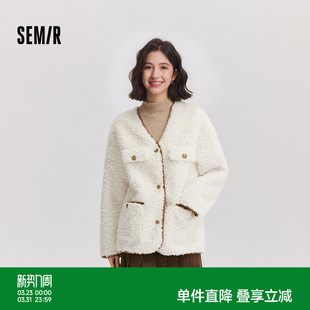 气质宽松夹克复古 2024冬新款 森马外套女中长款 仿兔毛V领落肩时尚