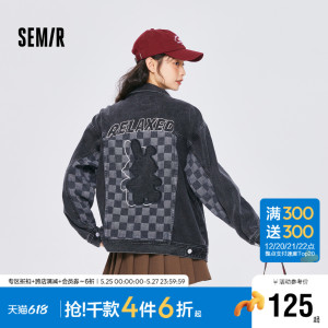 森马牛仔外套女设计感棋盘格拼接上衣宽松潮酷秋刺绣夹克时尚流行