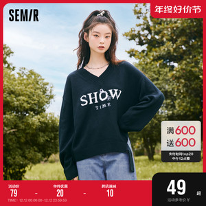 森马毛衣女不对称设计感提花刺绣2022秋季新款宽松v领字母上衣女