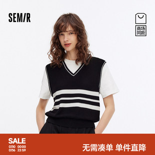 [商场同款]森马毛衣女短款假两件时尚2025秋新款条纹短袖毛衫气质