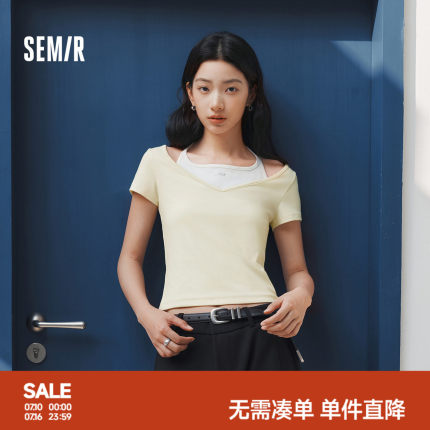 森马短袖T恤女夏季短款挂脖V领假两件蝴蝶结紧身烫钻2026新款上衣