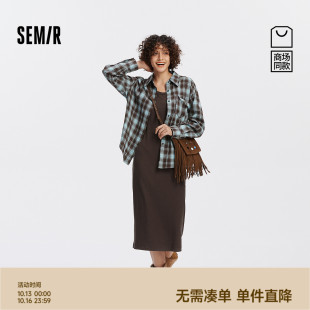 2025新款 森马连衣裙女U领背心裙格子衬衫 秋复古两件套 商场同款