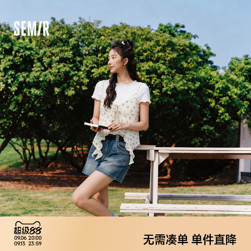 森马短款吊带碎花T恤假两件女