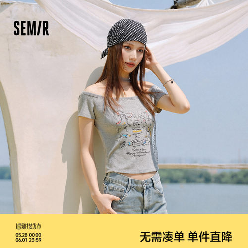 森马一字领印花短款短袖T恤女