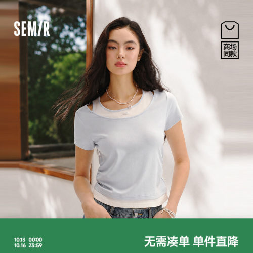 森马修身假两件短款短袖T恤女