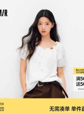 森马短袖衬衫女夏季短款串珠方领泡泡袖白色2026新款法式可爱上衣