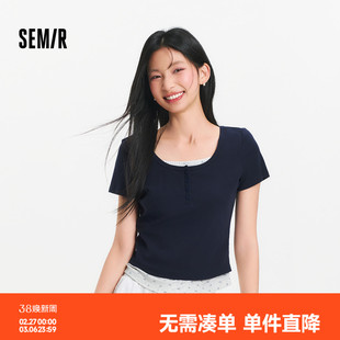 森马短袖T恤女夏短款假两件碎花修身正肩大圆领温柔俏皮甜美上衣