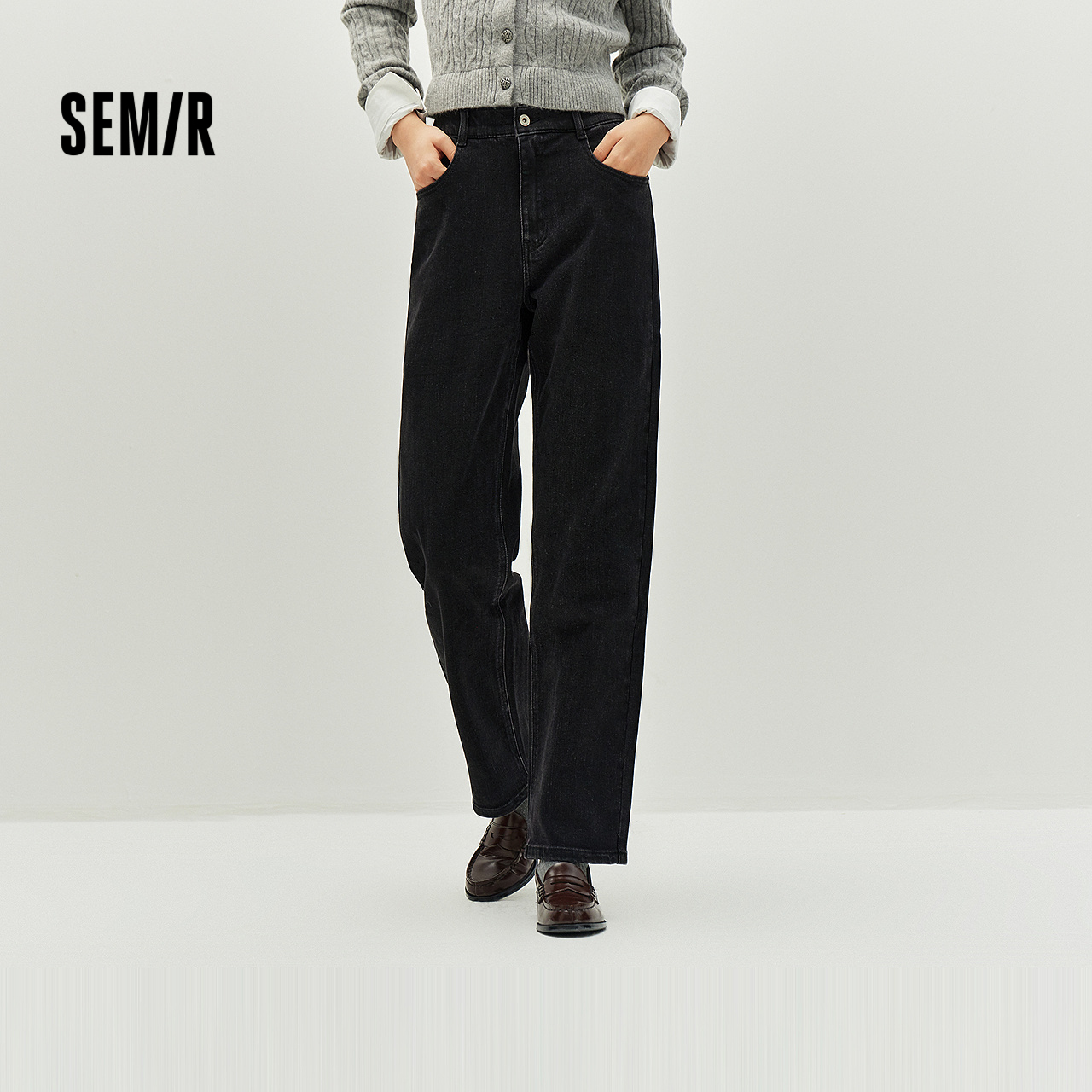 森马显腿长半松紧腰直筒牛仔裤女