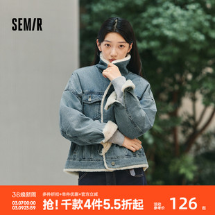 森马牛仔外套女拼接仿兔毛翻领宽松潮流港风冬季 落肩夹棉夹克复古