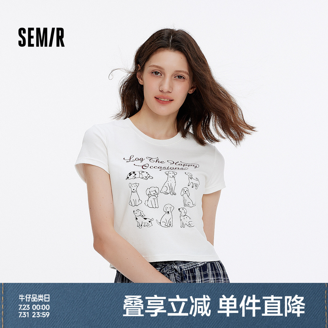 [商场同款]森马短袖T恤女短款修身正肩2025夏新款小狗上衣小个子