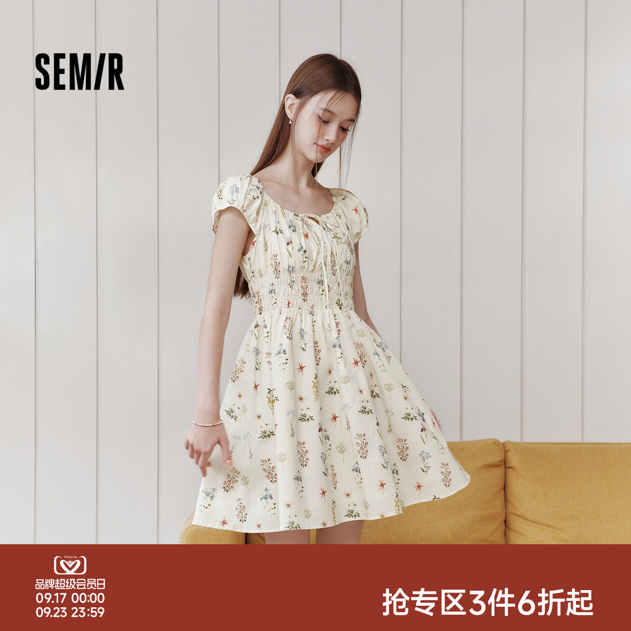森马蝴蝶结收腰满印碎花连衣裙女图片