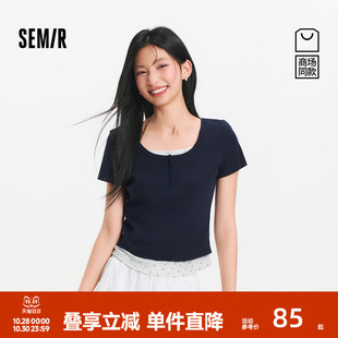 商场同款 碎花修身 森马短袖 假两件2025夏新款 正肩上衣 T恤女短款