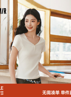 森马短袖T恤女夏季短款V领半开襟套头衫紧身纯色正肩2026新款上衣
