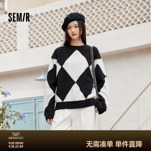 森馬毛衣女寬松慵懶氣質套頭衫 溫柔系菱形格圓領毛衫 時尚 復古冬季