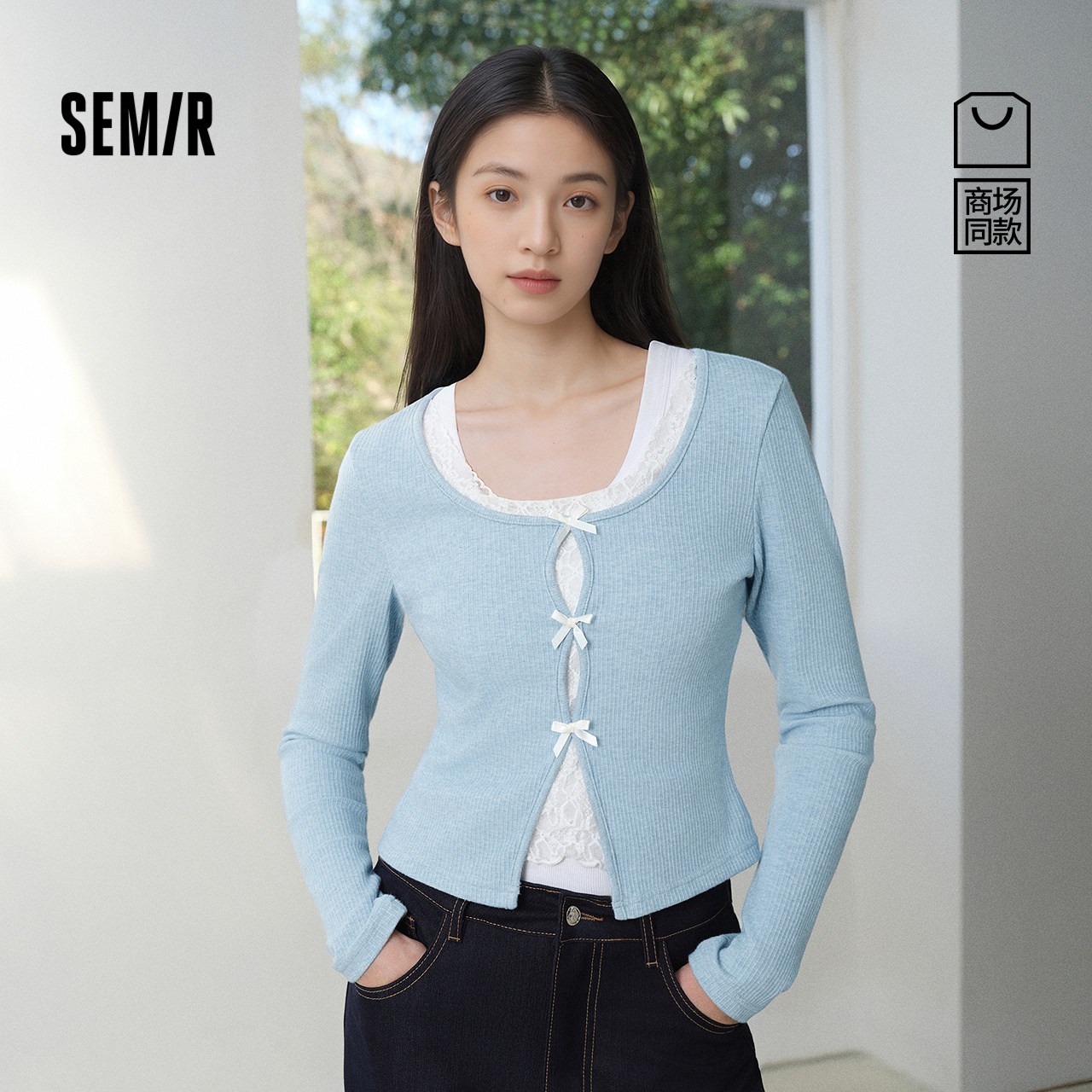 商场同款|森马长袖T恤女春短款蝴蝶结蕾丝修身假两件2026新款上