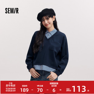 假两件条纹宽松翻领开叉设计感气质衣服 短款 森柔 森马卫衣女春季