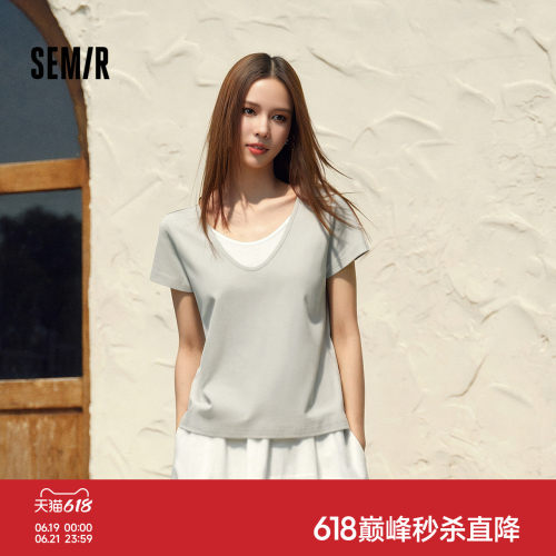 森马棉麻假两件拼色U领短袖T恤女