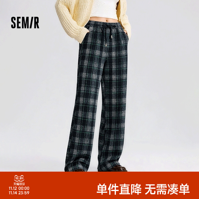森马休闲裤女冬格子加绒长裤宽松2025新款盐系慵懒裤子复古阔腿裤