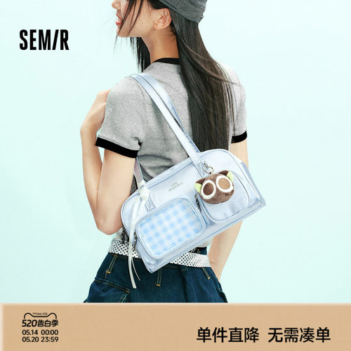 森马罗小黑联名棋盘格纹单肩包女