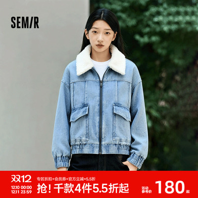 森马仿羊羔毛翻领夹棉牛仔外套女