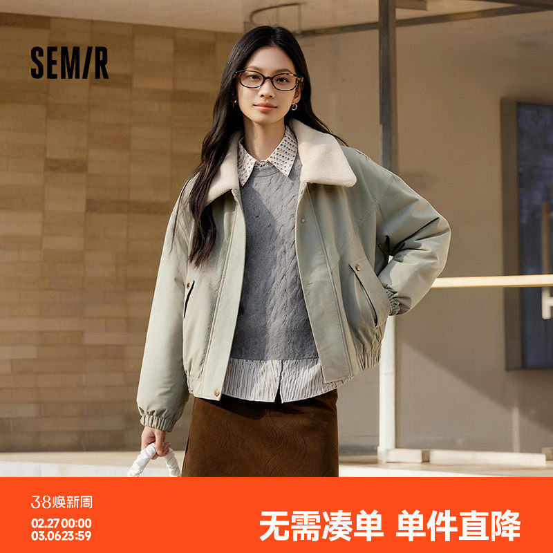 森马外套女冬季夹棉仿羊羔毛翻领oversize磨毛2025新款巴恩风夹克