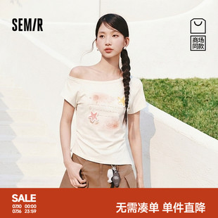 商场同款|森马短袖T恤女夏季短款图案斜肩2026新款小心机显瘦衣服
