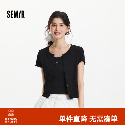 森马木耳边开衫短背心短袖T恤女