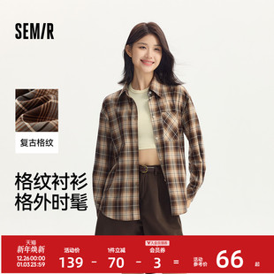 慵懒宽松落肩休闲秋季 女中长款 chic复古格纹衬衣潮流 衬衫 森马长袖