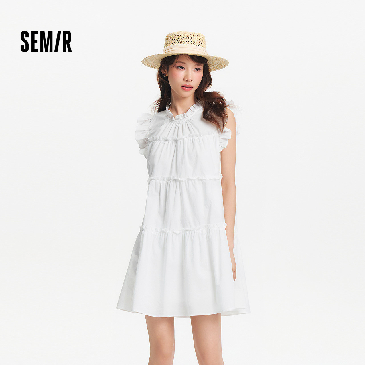 森马连衣裙女夏季小飞袖木耳边蛋糕裙俏皮少女感甜美可爱温柔短裙