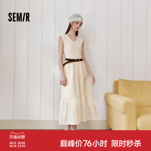 森马V领荷叶边腰带背心连衣裙女