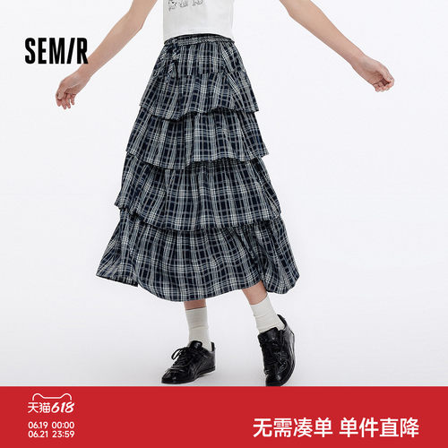森马复古A字格纹蛋糕半身裙女