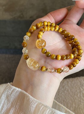 双圈人造黄水晶手串貔貅招财转运仿金虎眼双圈手链小众设计高级感