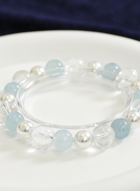 冰透双色珠人造海蓝宝手链女高级感串珠学生闺蜜手串礼物轻奢水晶