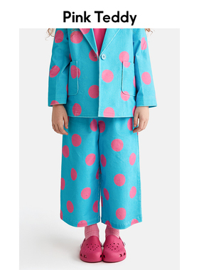 PinkTeddy童装女童蓝色波点西装长裤2023春秋儿童灯芯绒裤子