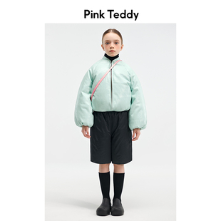 PinkTeddy童装女童羽绒服飞行员立领再生pu夹克儿童冬季加厚外套