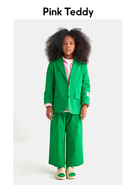 PinkTeddy童装极简女童绿色贴标西装2023春秋儿童小众西服外套