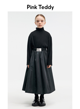 PinkTeddy童装儿童黑色长袖T恤2024秋冬季女潮德绒高领内搭打底衫
