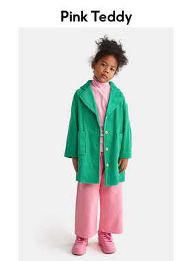 PinkTeddy童装风衣儿童中长款2023春秋季女童加厚绿色灯芯绒外套
