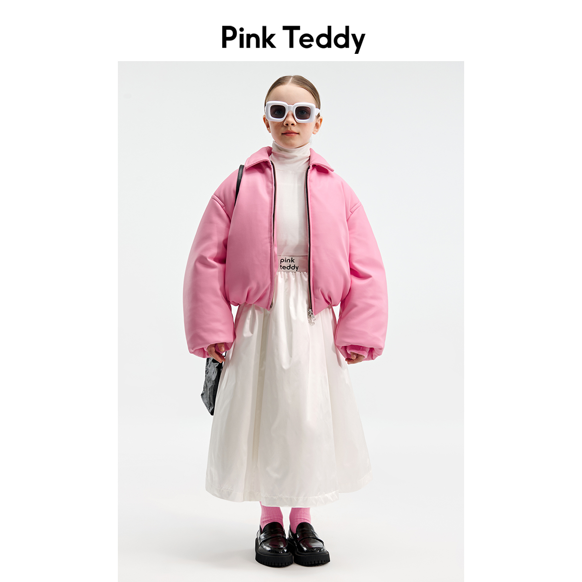 PinkTeddy童装女童粉色羽绒服飞行员翻领pu夹克儿童冬季保暖外套