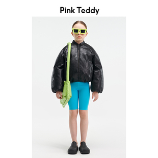 PinkTeddy儿童羽绒服飞行员立领再生pu夹克女童冬季加厚黑色外套