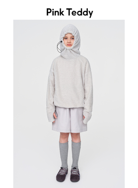 PinkTeddy童装儿童宽松长袖P绒T恤秋冬季女童灰色内搭连帽打底衫