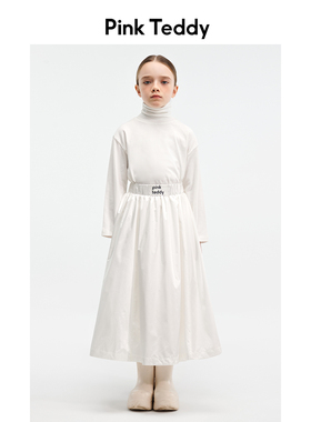 PinkTeddy童装儿童白色长袖T恤2023秋冬季女潮德绒高领内搭打底衫
