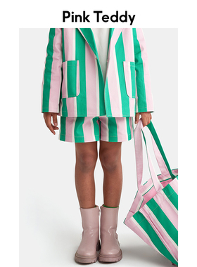 PinkTeddy童装儿童西装短裤2023春秋女童小众印花竖条纹裤子