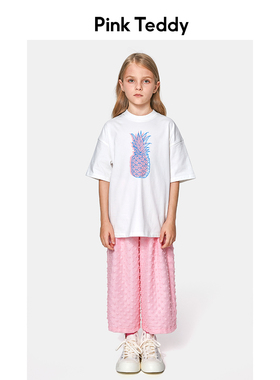 PinkTeddy童装女童白色短袖T恤夏装菠萝印花儿童纯棉宽松圆领上衣