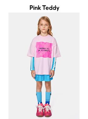 PinkTeddy童装女童粉色短袖T恤夏装字母riso印花儿童纯棉宽松上衣