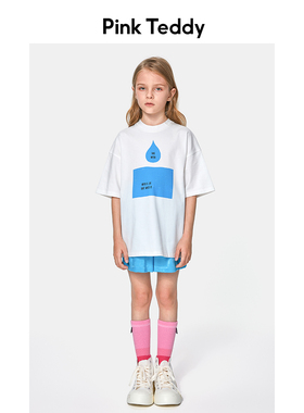 PinkTeddy童装女童白色短袖T恤夏装蓝色水滴印花儿童纯棉宽松上衣