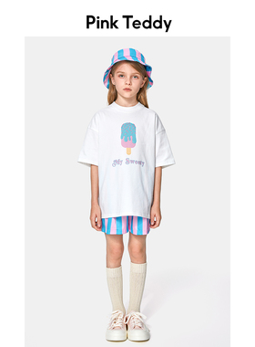 PinkTeddy童装女童白色短袖T恤夏装冰淇淋印花儿童纯棉宽松上衣
