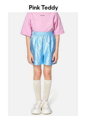 PinkTeddy童装女童蓝色皱褶肌理感短裤夏季宽松儿童舒适百搭裤子