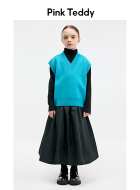 PinkTeddy童装女童蓝色毛衣马甲春秋装儿童百搭毛织套头背心上衣